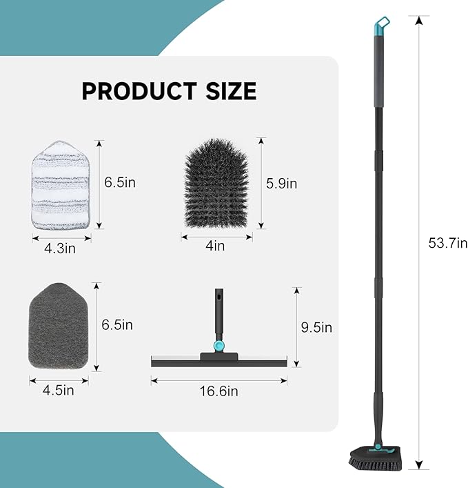 nacena Shower Scrubber with Long Handle, 4 in 1 Tile Tub Scrubber Brush with 3 Detachable Cleaning Shower Heads and Floor Squeegee Shower Cleaner Brush for Bathroom Kitchen Tub Sink Floor, Black