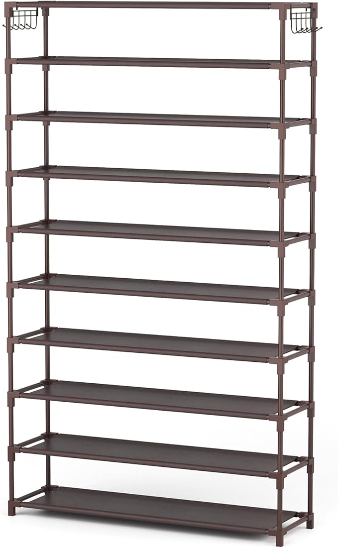 LANTEFUL 10 Tiers Shoe Rack 50 Pairs Large Capacity Tall Shoe Organizer Sturdy Shoe Storage with Two Hooks Space Saving Metal Wide Shoe Rack for Closet, Entryway, Bedroom, Brown