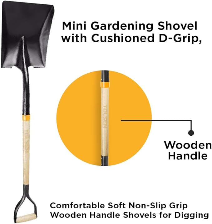 Garden Shovels for Digging, Spade Shovel, Garden Shovel for Planting, D Grip Steel Shovel, Flat Shovel Wooden Handle, Carbon Steel, Square Shovel, Head is 9.25″ Wide x 11.5 deep, Overall Length 42''