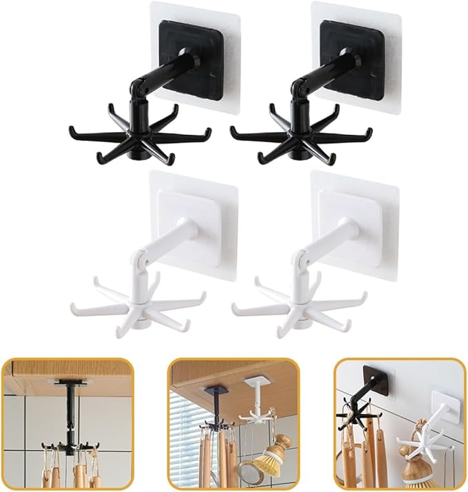 BESTOYARD 4pcs 360° Rotatable Kitchen Utensil Hooks, Under Cabinet Wall Hangers for Hanging Utensils and Masks, Black White, Space-Saving Storage for Home Kitchen Organization
