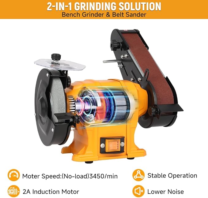 Hoteche 6" Bench Grinder & 2" x 27" Belt Sander Combo - 250W Dual Power Tool for Metal/Wood Grinding, Sharpening & Sanding