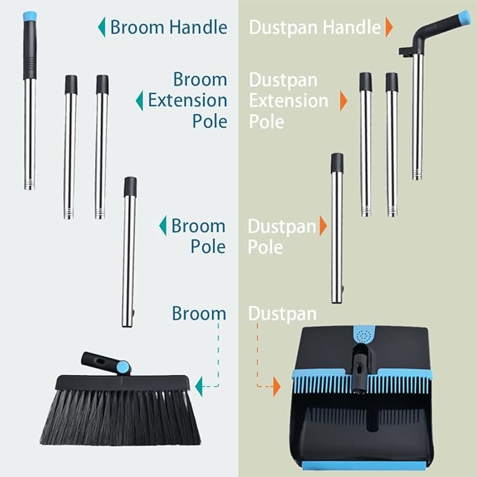 Broom and Dustpan Set for Home, Long Handle Dust Pan and Broom Combo for Indoor Outdoor Heavy Duty Dustpan Set for Kitchen Lobby Office Upright Standing Dustpan with Teeth (Deep Blue)