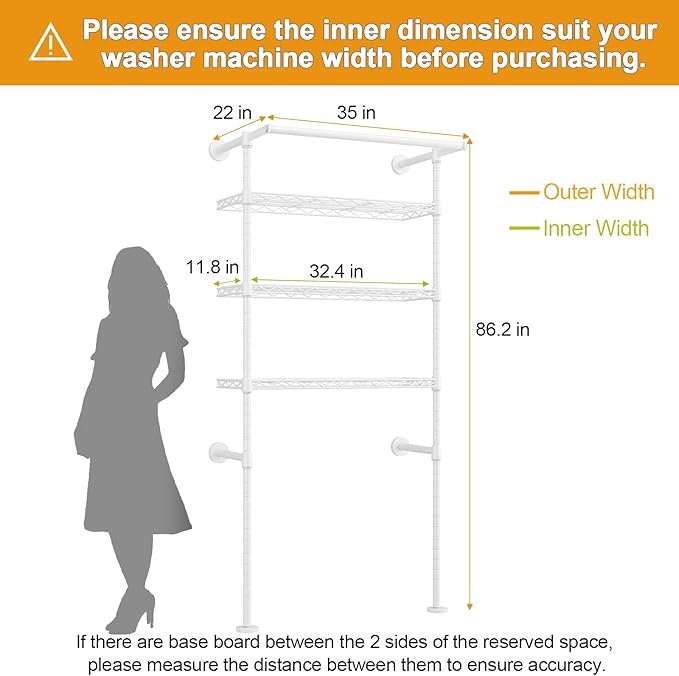 ULIFHOME U17 Wall-Mounted Over The Washer Dryer Shelves Without Moving Machines, Laundry Room Rack with Adjustable Shelves and Hanger Rod, 35" W x 22" D x 86.2" H, Holds 352 lbs, White
