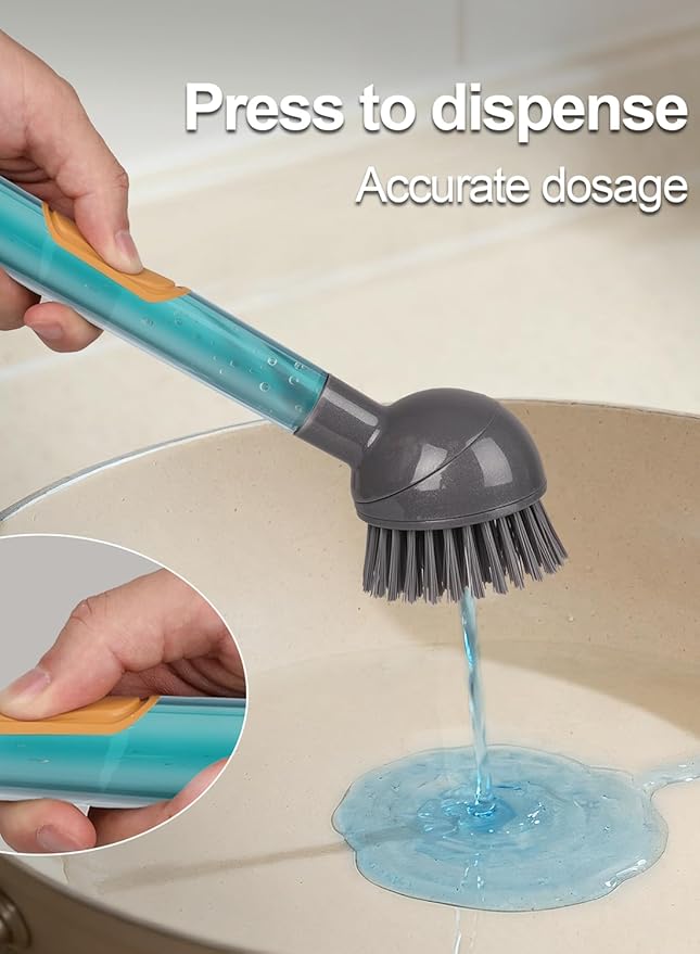 Soap Dispensing Dish Brush Storage Set with 360° Rotating Head, Kitchen Brush with 2 PCS Different Brush Heads & 3 PCS Sponges, Dish Brush Set with Handle for Dishes, Sink, Pans, Pots