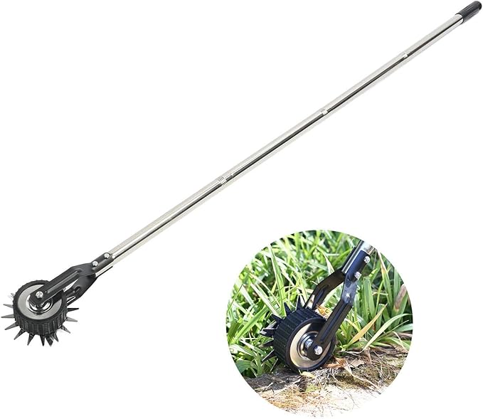 Wheeled Lawn Edger, Hand Garden Edger with Stainless Steel Handle, 26x4.5x15cm, Paint Coated Serrated Blade, for Overgrown Weeds (4 Sections)