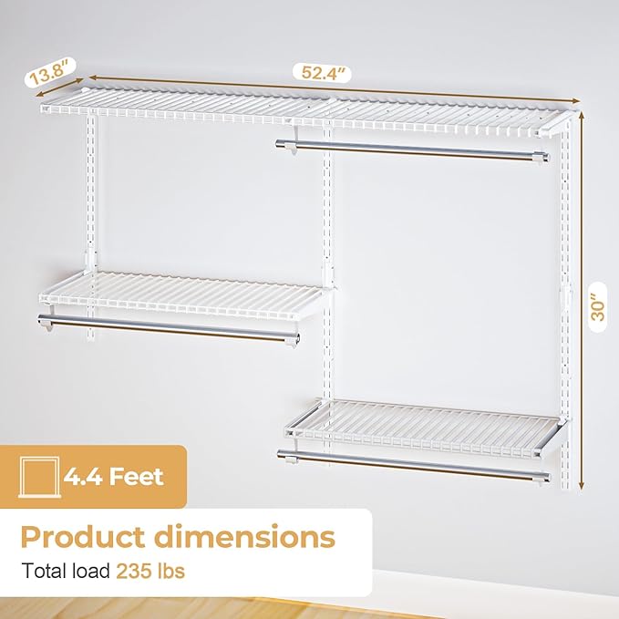 Wire Closet Organizer System, Wall Mounted 4.4 Ft. Custom Closet Kit for Bedrooms Laundry Mudroom Garage Basement, Adjustable Storage Shelves for Clothes Shoes Handbags