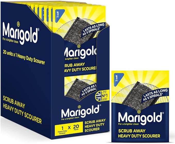 Marigold Scrub Away Stainless Steel Scourers - 20 Single Packs of Scouring Pads - Heavy Duty Non Scratch Metal Scourer - Easy to Clean - Tackles Tough and Burnt on Food