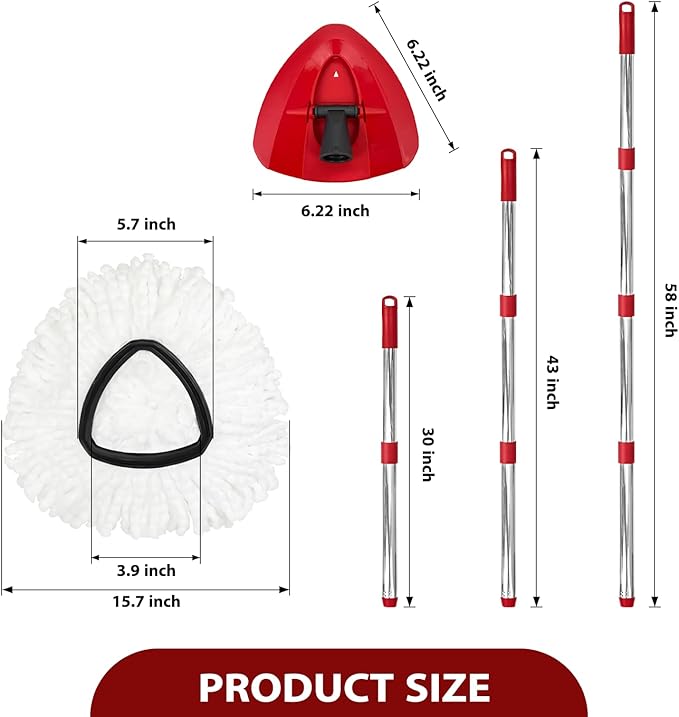 Mop Head Replacement Set for O-Ceda EasyWring 1-Tank System, Includes 2 Spin Mop Replacement Head, 1 Handle (30-58in Adjustable 4-Section Pole), 1 Spin Mop Base