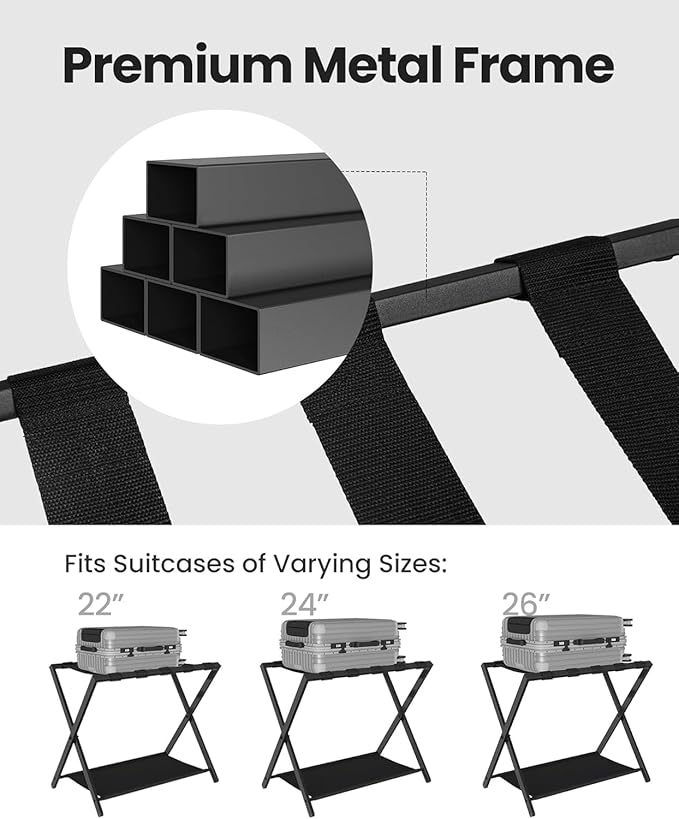 Hzuaneri Luggage Rack, Folding Suitcase Stand for Guest, Foldable, Luggage Holders with Shelf, Steel Frame with Nylon Straps for Bedroom, Hotel, Holds up to 154 lb, Black, 1 Pack LR03801B