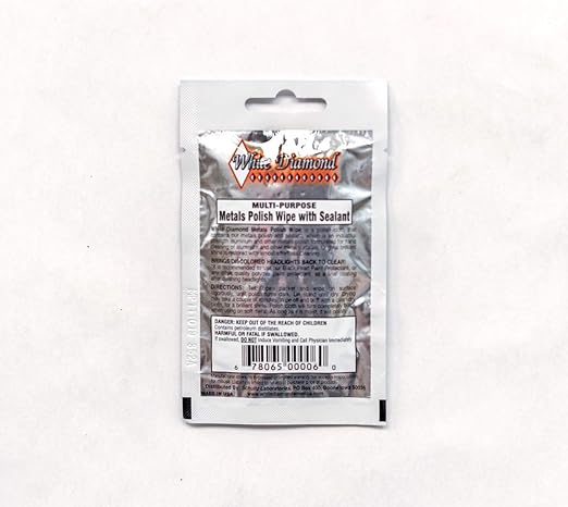 White Diamond Metal Polish with Long Lasting Sealant, Wipe (12 Wipes) is a Cleaner and Polisher All in one. Removes Oxidation and Discoloration from Aluminum, Brass, Chrome and Many Other Metals