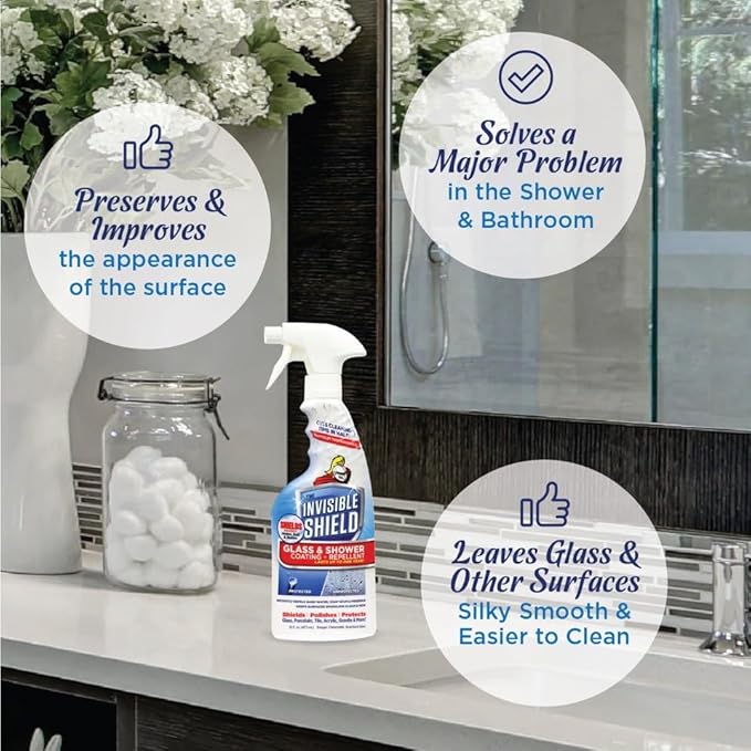 Invisible Shield Protective Glass Shower Coating for Showers, Mirrors, Windows, Tile to Repel Soap Scum and Hard Water Minerals for Easier Cleaning (2 Pack) 16 oz