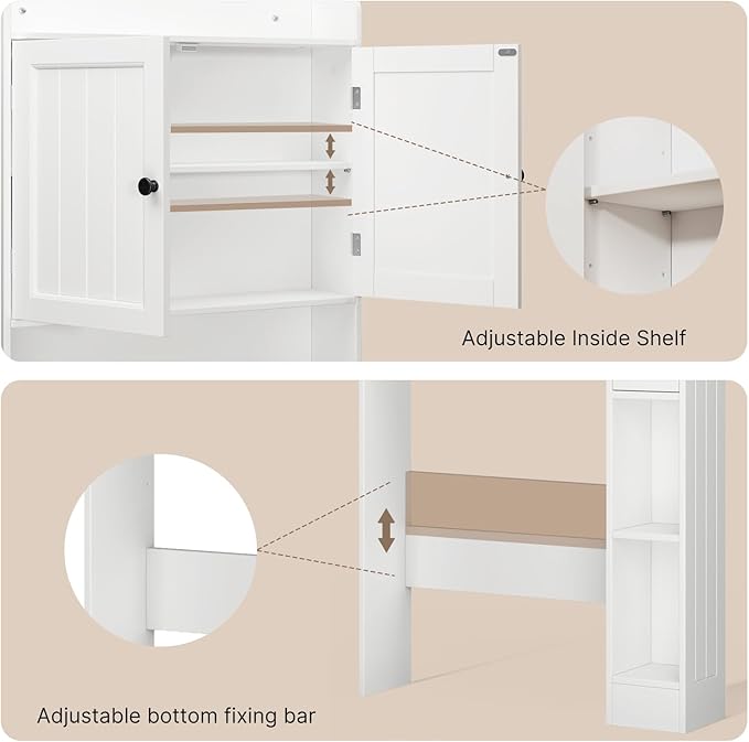 Ahomly Over The Toilet Storage Cabinet, 32.3" W x 70.3" H Over Toilet Bathroom Organizer with Doors, Adjustable Shelves, Toilet Paper Holder, 2 Side Hooks, Space-Saver for Bathroom, Laundry, White