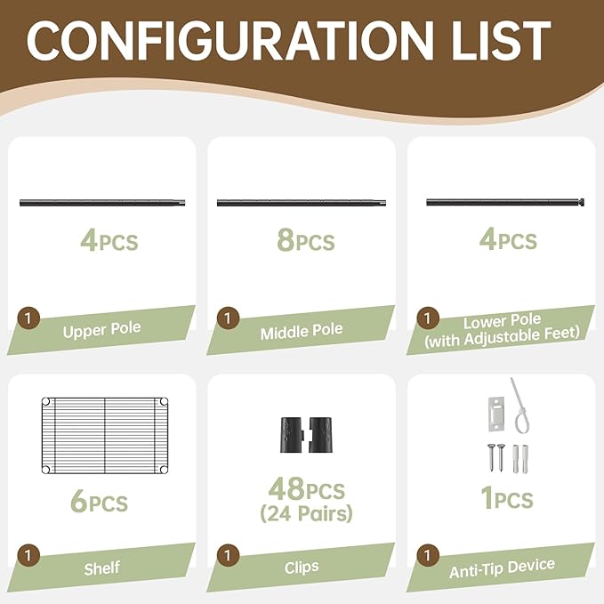 Golpart 6 Tier Shelf Adjustable Storage Mesh Gaps Metal Utility Shelves Wire Shelving Unit Organizer Rack for Home Kitchen Office Bathroom Pantry Room10 D x 16" W x 60" H Black