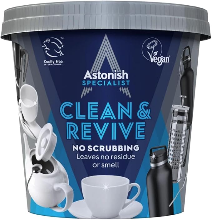 Descaling Foaming Powder | Tea & Coffee Mugs, Pots, Kettles & Stainless Steel | Dissolves Limescale & Eliminates Stains | Astonish Clean & Revive