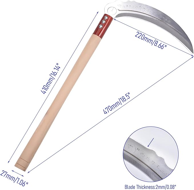 1pce 470mm/18.5in Carbon Steel Billhook Brush Clearing Sickle for Grass,Weeding Tools for Garden,Curved Sawtooth Sickle,Machete Axe for Cutting Trees,Steel Blade Knife in Hand