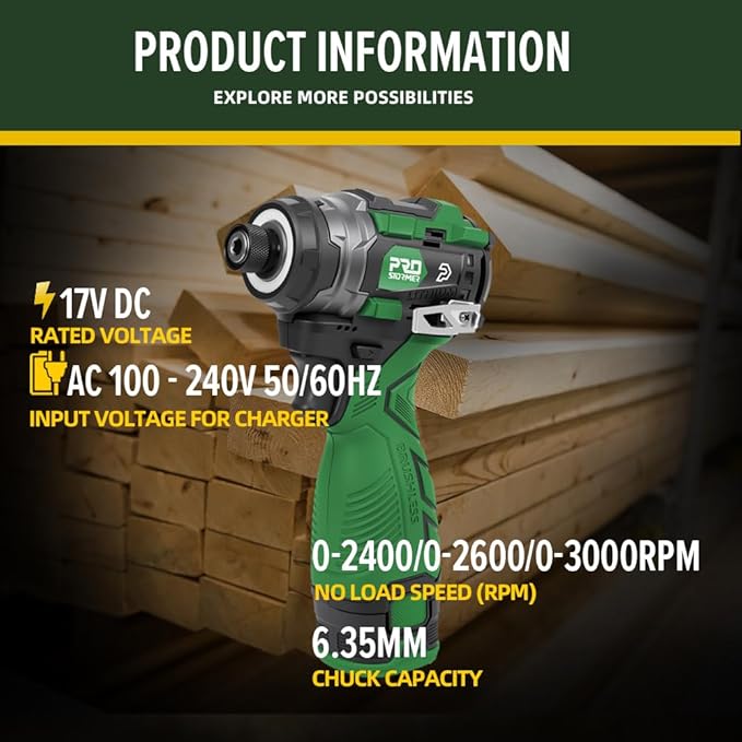 Prostormer 17V Cordless Impact Driver Set, 140Nm Brushless Screwdriver with 3 Variable Speed, 1/4” Hex Chuck, 18 Pcs Bits, 1.5Ah Batteries & Charger