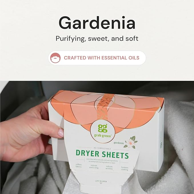 Grab Green Dryer Sheets, 80 Sheets, Gardenia Scent, Plant and Mineral Based, Compostable, Softens Fabrics, Reduces Static Cling and Wrinkles