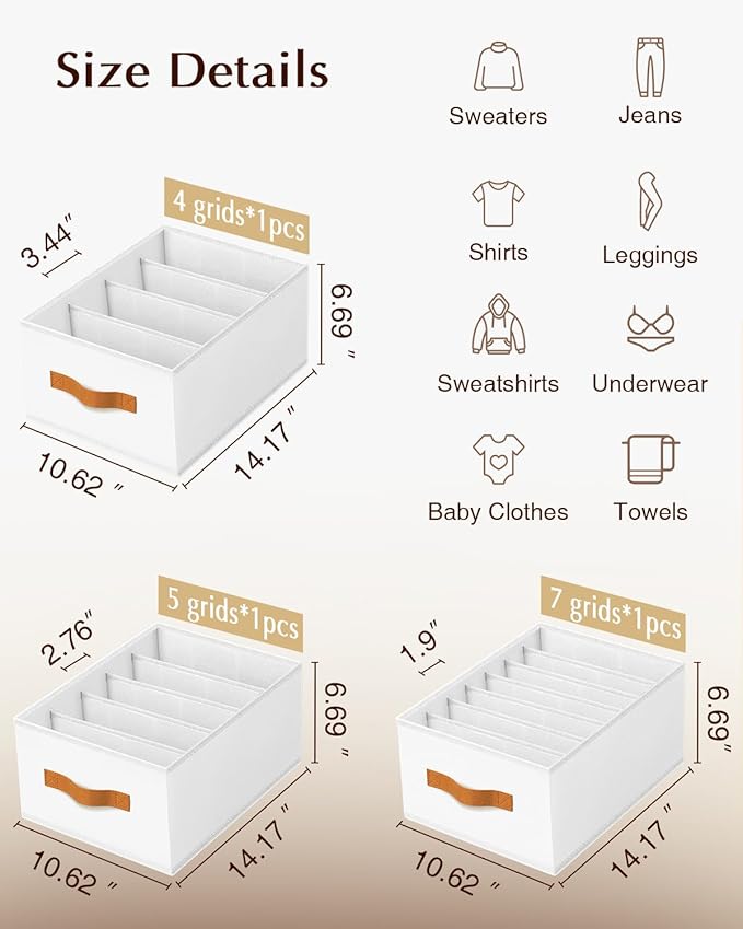 Homsorout Clothes Organizers and Storage - 4/5/7 Grids Fabric Jeans Organizer with Handles, Foldable Closet Organizers Dividers, Wardrobe organizer for Pant, Sweater, T-shirt, Scarf, 3 Pack, White