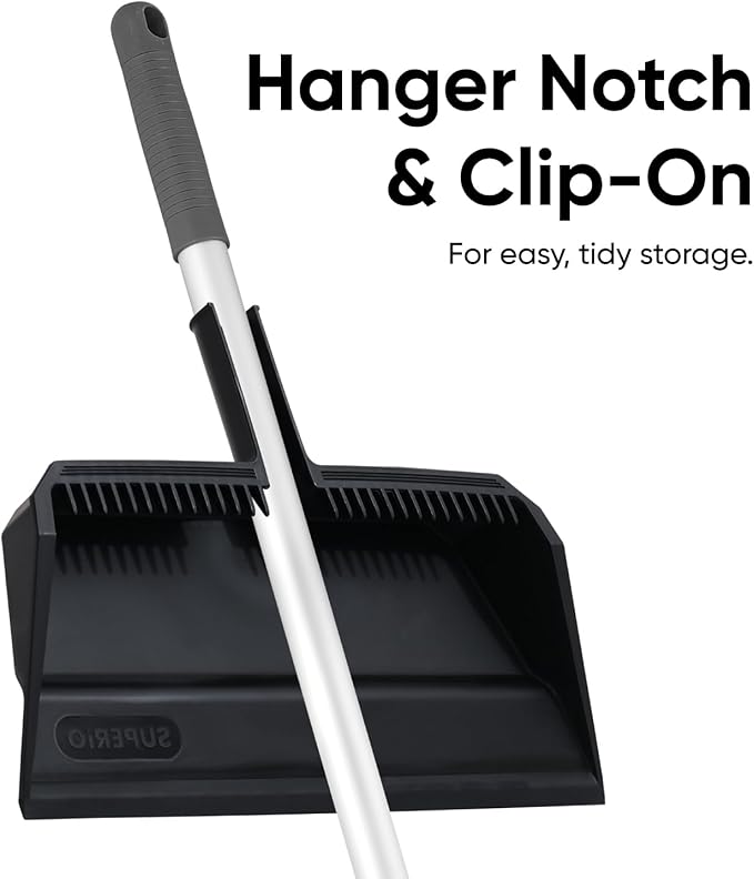 Superio 18" Horse Hair Upright Broom with Telescopic Handle & 16" Black Dustpan with Comb, Rubber Lip & Clip – Narrow Thin Dust Broom for Dog Hair – Hardwood & Tile Floor Cleaning Set – Gray/Black