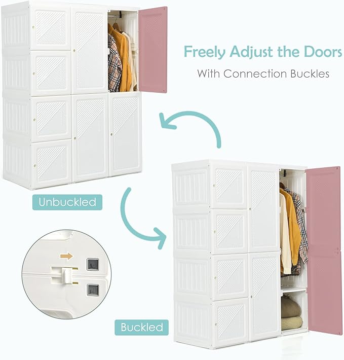 Tangkula Portable Closet Wardrobe, Foldable Clothes Organizer with Cubby Storage, Hanging Rods, Easy Assemble Clothing Storage with Magnet Doors, Folding Bedroom Armoire (8 Cubbies & 2 Rods)