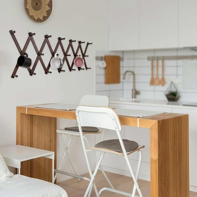SCUNDA Accordion Wall Hanger with 20 Hooks, Expandable Wall Hat Display Rack, Wooden Wall Hook for Coat, Hats, Baseball Caps, Coffee Mug, Jewelry(Brown)