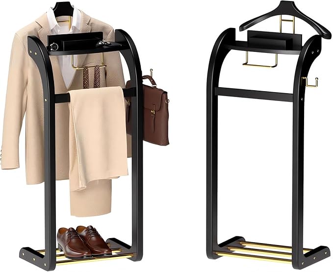 Suit Valet Stand for Men, Wood Mens Valet Stand with Base, Contour Hanger, Tray, Trouser Bar and Tie Bar, Clothes Valet Stand for Bedroom Entryway Home Living Room Office (Black)