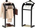 Suit Valet Stand for Men, Wood Mens Valet Stand with Base, Contour Hanger, Tray, Trouser Bar and Tie Bar, Clothes Valet Stand for Bedroom Entryway Home Living Room Office (Black)