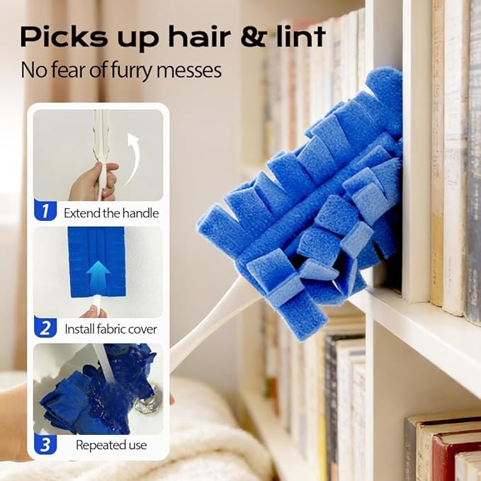 7pcs Reusable Duster,360° Electrostatic Duster Refills,Washable Heavy Duty Dusters,High-Density Microfiber,Suitable for Cleaning Bedrooms, Offices, Cars(1Handle+1Bathroom Brush+7Replacement Brushes)