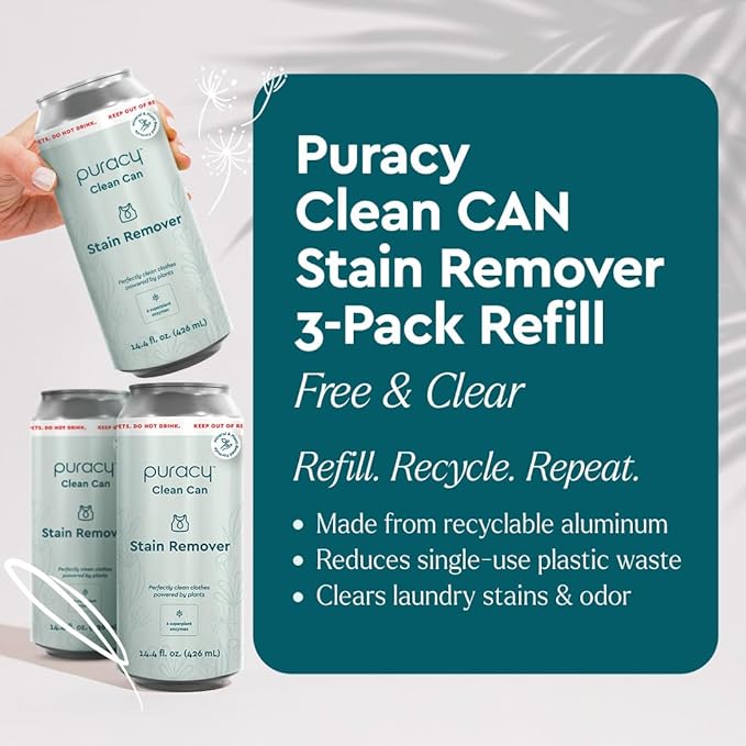 Puracy Clean Can Laundry Stain Remover - Fabric Stain Remover for Clothes Laundry - Stain Treater - Active Enzyme Laundry Stain Remover Spray - Spot Remover for Clothes (3 Pack Refill, Free & Clear)