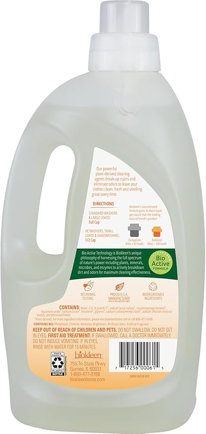 Biokleen Natural Laundry Detergent - 128 HE Loads - Liquid, Concentrated, Eco-Friendly, Non-Toxic, Plant-Based, No Artificial Fragrance or Preservatives, Citrus Essence