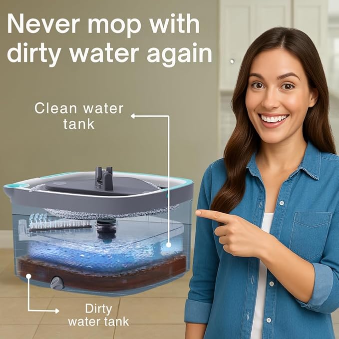 TRUE & TIDY Square Spin Mop & Bucket System – Dual Chamber for Clean & Dirty Water, 360° Rotating Self-Wringing Mop with Built-in Scrub Brush, Stainless Steel Handle & 2 Reusable Microfiber Mop Pads