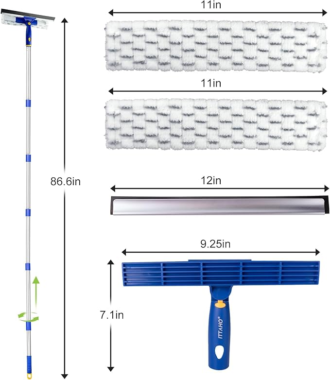 ITTAHO 86.6" Window Squeegee Cleaner,2 in 1 Window Cleaning Tool Kit,Shower Squeegee with Extension Pole，Glass Cleaning Tools for Shower Glass,Indoor/Outdoor High Window Cleaning-Two Pads