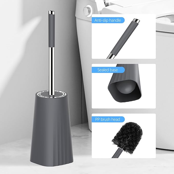 SetSail Toilet Brush, Compact Size Toilet Bowl Brush and Holder Toilet Brushes for Bathroom with Stainless Steel Handle Toilet Cleaner Brush with Durable Scrubbing Bristles, 2 Packs-Gery