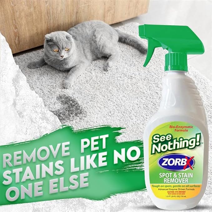 ZORBX See Nothing Spot & Stain Remover Spray (24 oz.) - All Purpose Cleaner for Shoes, Clothes, Furniture & Pet bedding - Fast-Acting Scrub-Free Odor & Enzyme Stain Remover for Ink, Blood & Urine