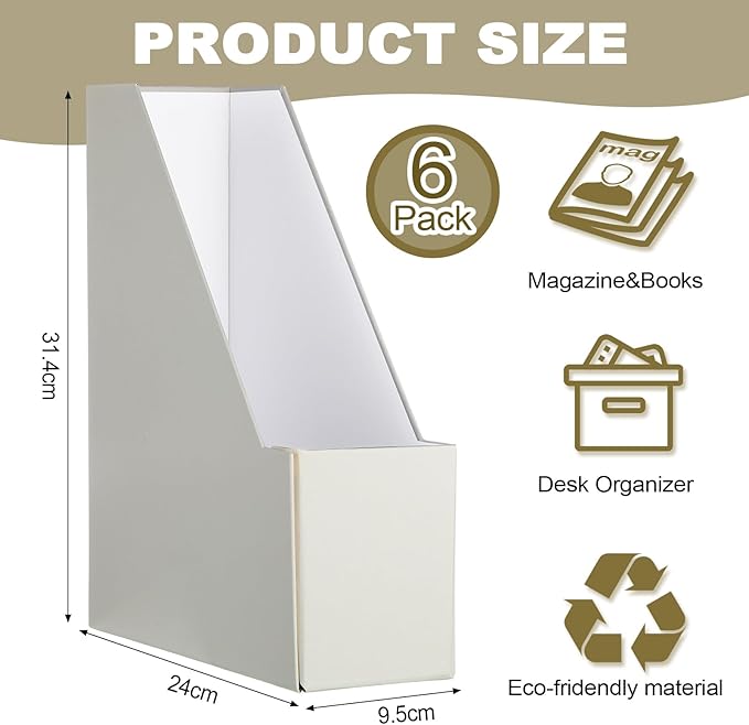 Gueevin Set of 6 Magazine File Holder Stylish Sturdy Cardboard File Boxes Desk Magazine Organizer Rack with Gold Label Holder to Organize Your Desk or Shelves for Home Classroom Office Library(Beige)