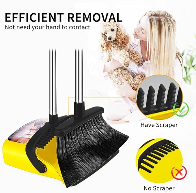 2-Pack is More economical,Brooms with Dustpan Combo Set， with 52" Long Handle, Dustpan Teeth with self-Cleaning Function, Indoor and Outdoor Sweeping, Perfect for Home Office(Large/Yellow /2-Pack).