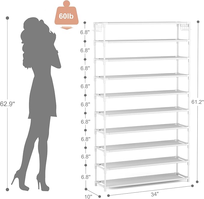 LANTEFUL 10 Tiers Shoe Rack 50 Pairs Large Capacity Tall Shoe Organizer Sturdy Shoe Storage with Two Hooks Space Saving Metal Wide Shoe Rack for Closet, Entryway, Bedroom, White