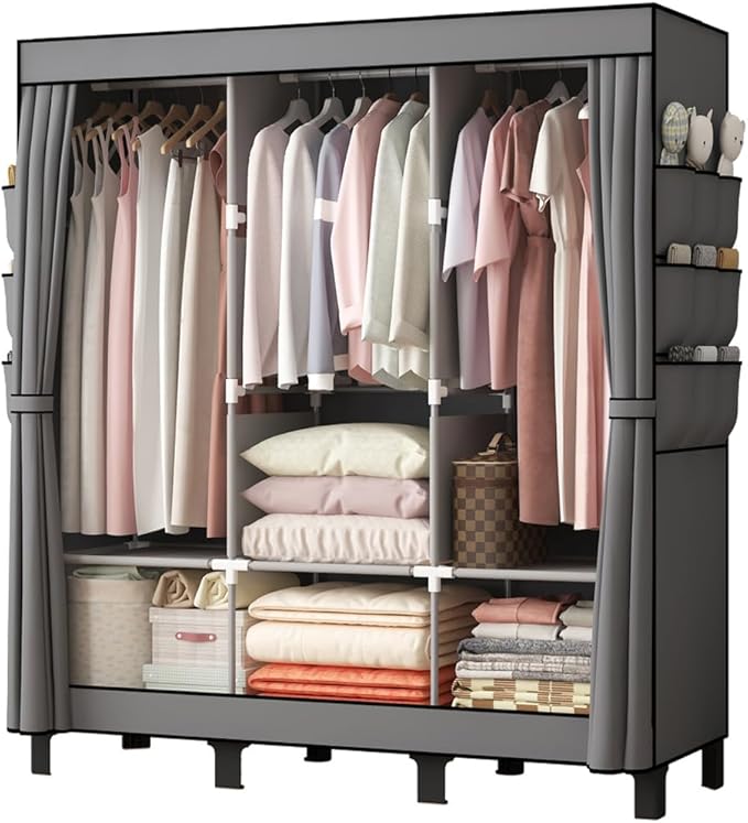 Portable Closet, 51.18" Large Capacity Clothing Storage Organizer with 3 Hanging Rods 6 Shelves 18 Side Pockets, Dustproof Sturdy Wardrobe for Bedroom Dorm Rental Apartment (Grey, Large)