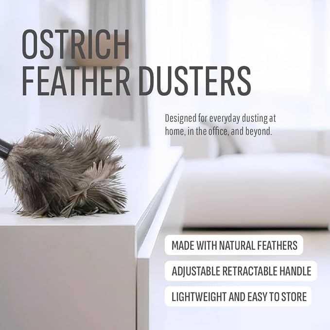 Retractable Feather Duster 8-14 in Adjustable - Natural Feather Dusters for Cleaning Ceiling Fans, Blinds, Plantation Shutters, Walls & Furniture - Quality Checked in USA - 1 Pack