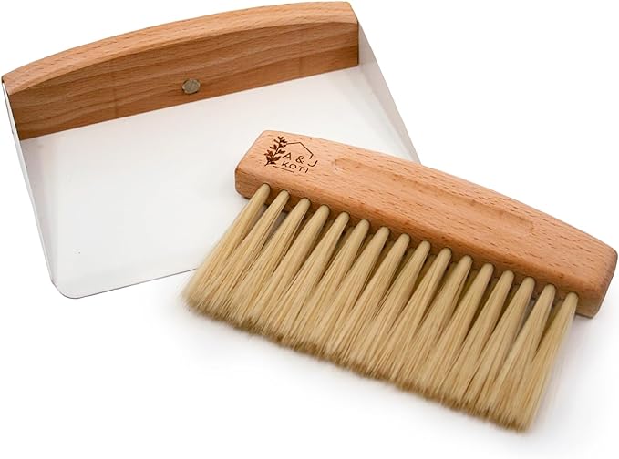 A&J Koti Table Crumb Sweeper - Small Mini Metal Dustpan and Hand Brush Combo Set - Wood Crumber for Servers, Restaurants, Home and Kitchen - Crumb Cleaning Set