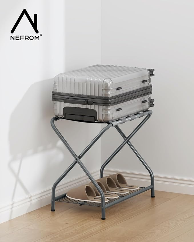 1-Piece Foldable Gray Luggage Rack Stand with Storage Shelf – Heavy Duty Metal Suitcase Holder, 150 lbs Top, 50 lbs Bottom, Fits 20”-28” Luggage – Guest Room, Bedroom, Hotel LR-GY-1