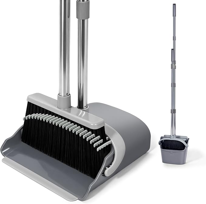 YZO Broom with Dustpan Combo Set, 54.33 Inch Long Handle Standing Design, Dustpan Front Rubber Tight Seal, Broom with 5 Layer Bristles, Suitable for Bedroom, Yard, Office and Apartment(Gray&Black)