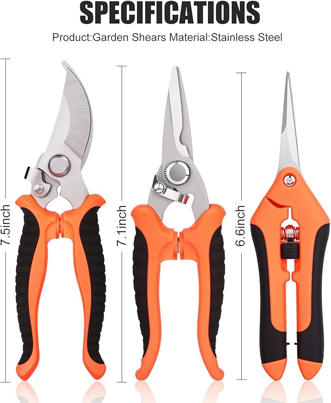 3 Pcs Garden Shears, Stainless Steel Gardening Scissors, Pruning Shears for Gardening, Pruning Scissors for Flowers Fruit Tree
