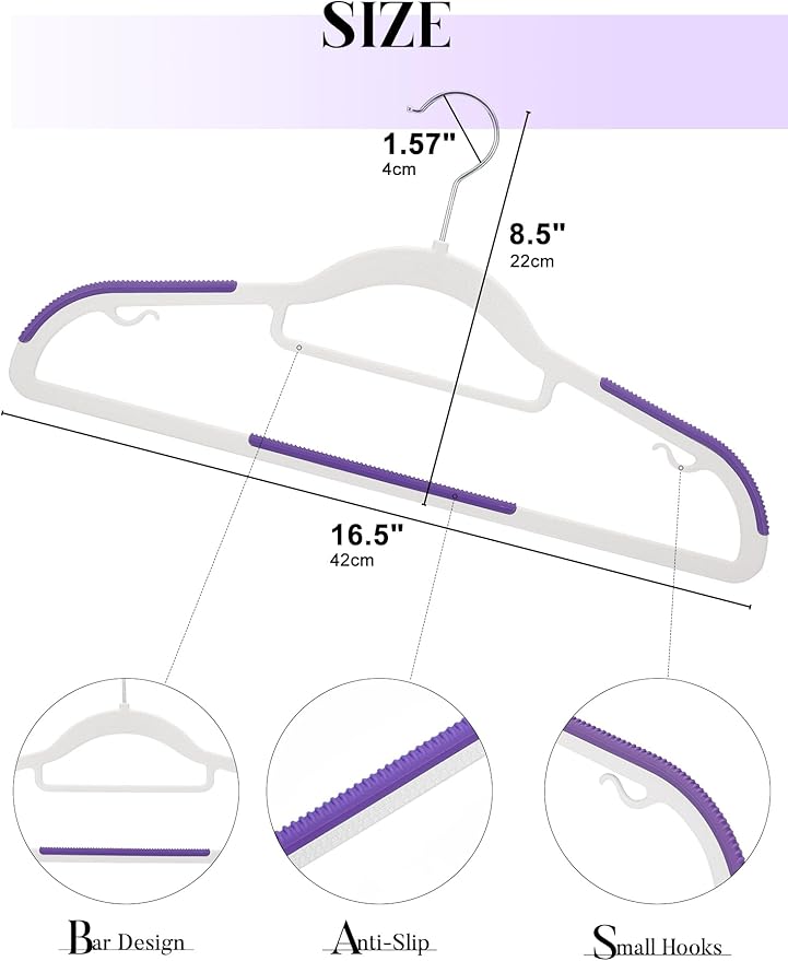 HOUSE DAY Plastic Hangers 50 Pack, Clothes Hangers Non Slip with Rubber Grip, Heavy Duty Plastic Hanger with 360º Swivel Hook, Ultra Thin Hanger Space Saving for Closet - Purple
