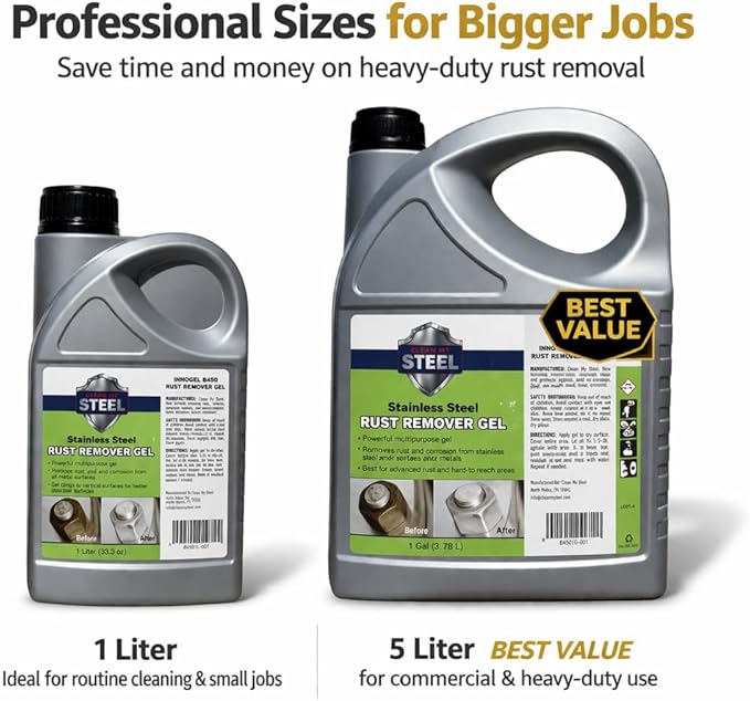 Heavy-Duty Rust Stain Remover for Industrial Use on Stainless Steel, Cleaner and Rust Remover Gel Needs No Scrubbing, Simply Apply and Rinse - 1L