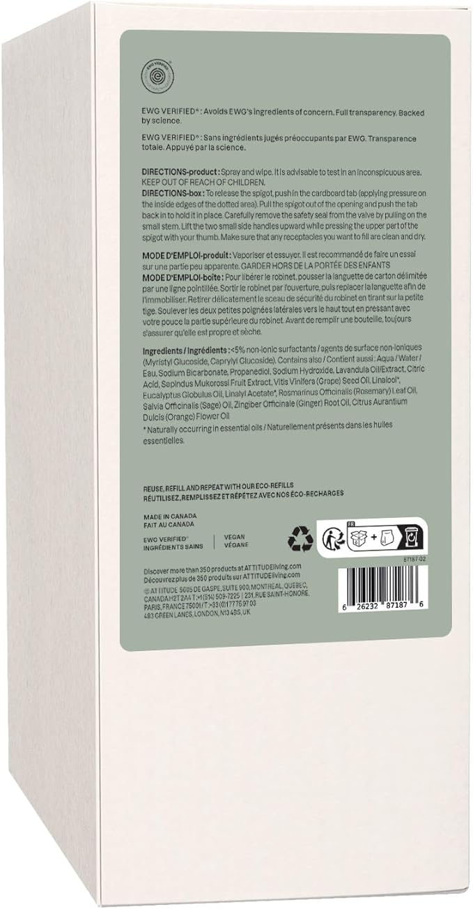 ATTITUDE All Purpose Cleaner, EWG Verified Multi-Surface Products, Vegan, Naturally Derived Multipurpose Cleaning Spray, Lavender and Rosemary, 67.6 Fl Oz