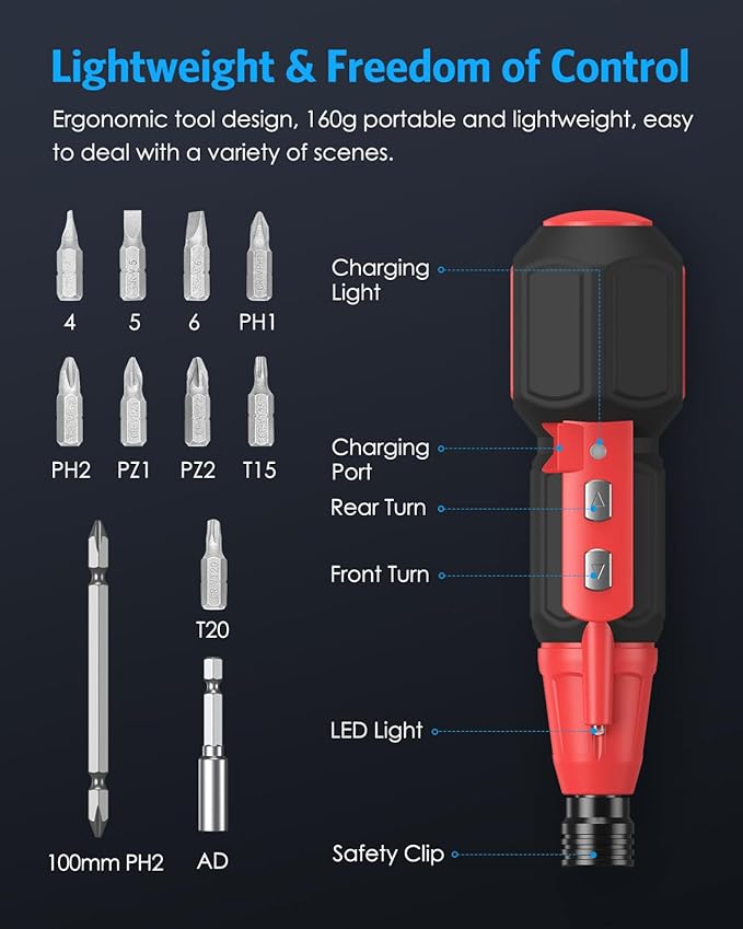 AMIR Cordless Screwdriver, Rechargeable Electric Screwdriver Sets, Portable Automatic Home Repair Tool Kit with USB Cable and LED Lights, Red