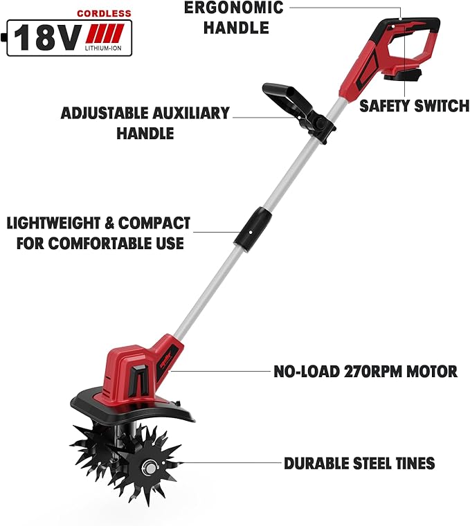 Cordless Tiller Cultivator Compatible with Milwaukee 18V Battery(Tool Only), Electric Garden Tiller w/270 RPM, 48 Steel Tines, 8.7" Tilling Width, 6.3" Depth, Portable Rotary Tiller