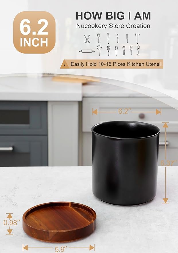 Nucookery 360°Rotating Utensil Holder, 7.2" Large Utensil Crock, White Ceramic Cooking Utensil Organizer,Farmhouse Kitchen Decor Christmas Thanksgiving Gift (Stone Black)