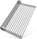 MERRYBOX Roll Up Over The Sink Dish Drying Rack Silicone Wrapped Foldable, Heat-Resistant, Anti-Slip Sink Rack Multipurpose Dish Drainer for Kitchen Sink Counter - Grey, 17.5" x 11"